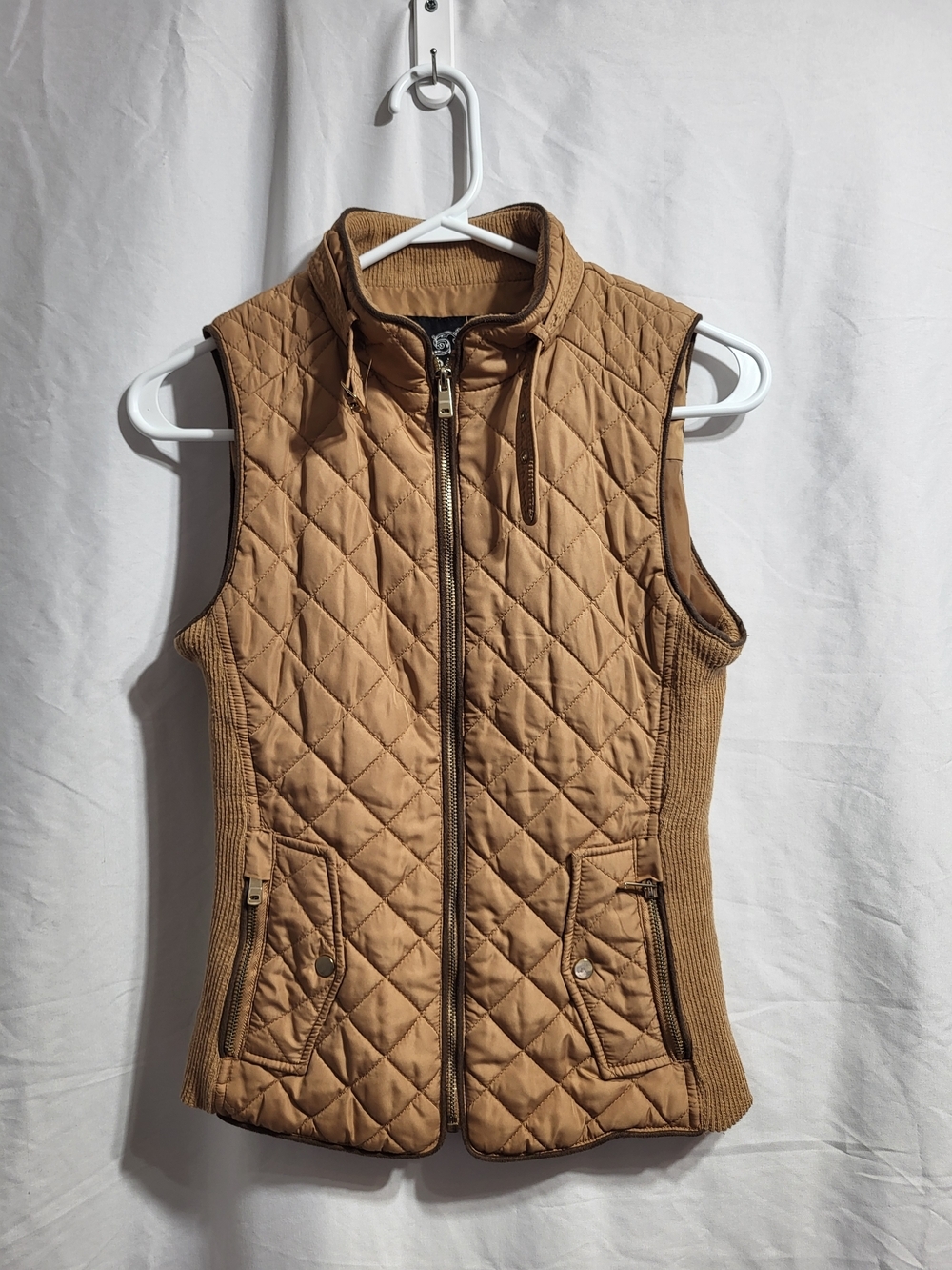 Chocolate Tan Bomber Vest with Knit Collar, Size Small